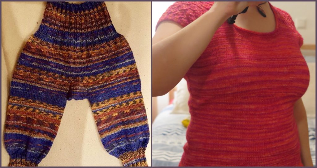 Multi colored knit baby pants on left and pink and orange sweater top on the right