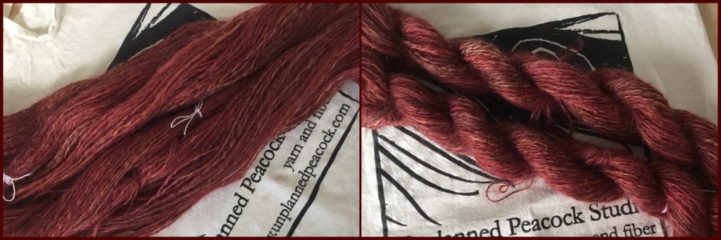 Two skeins of deep red 2ply mohair handspun, on the left open and on the right twisted into skeins