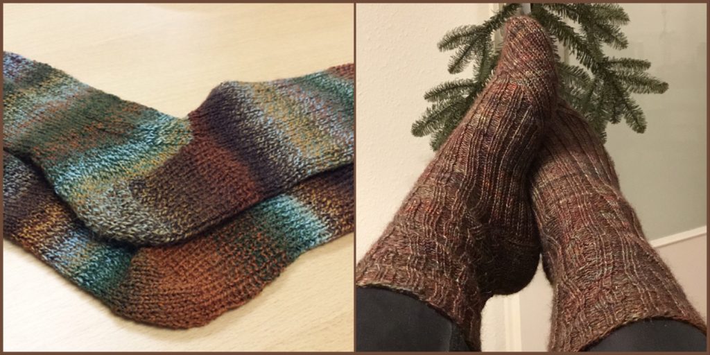 Simple ribbed socks on the left with complex ribbed socks on the right