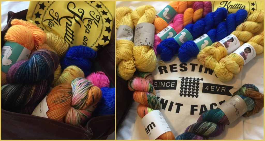 Collage of yarn purchases - left has bag with yarn skeins, right has yarn laid out on tote bag