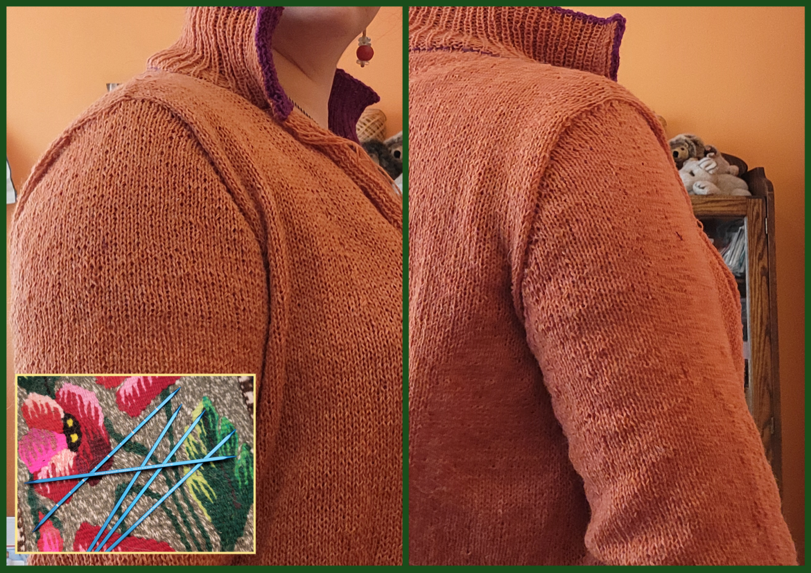 Front and back view of the re-knit sweater sleeves at the top of the shoulder. Sweater is orange with a ribbed collar and purple contrast. Overlay shows blue Kollage DPNs used