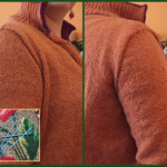 Front and back view of the re-knit sweater sleeves at the top of the shoulder. Sweater is orange with a ribbed collar and purple contrast. Overlay shows blue Kollage DPNs used