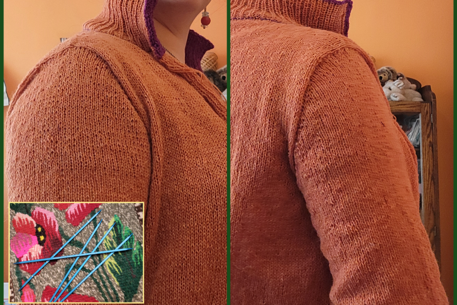 Front and back view of the re-knit sweater sleeves at the top of the shoulder. Sweater is orange with a ribbed collar and purple contrast. Overlay shows blue Kollage DPNs used